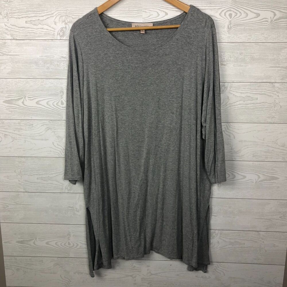 Philosophy Women's 3X Swing Tunic Shirt Scoop Neck 3/4 Sleeve Solid Gray Casual